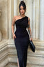 Solid Asymmetric Neck Slit Bodycon Midi Dress