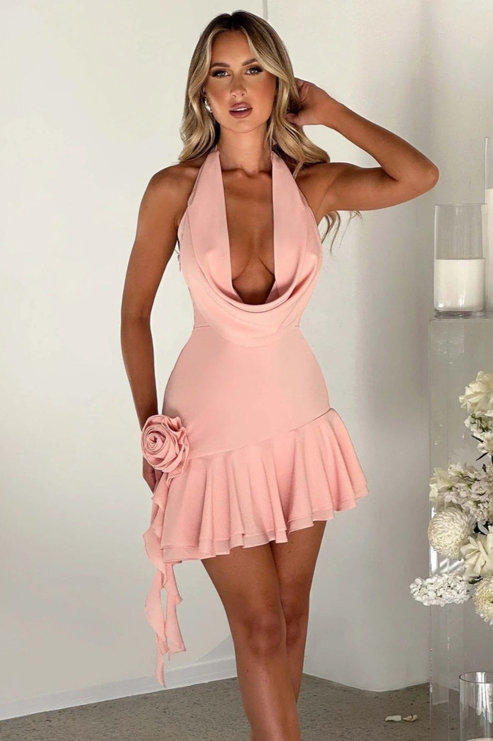 Cowl Neck Tie up Floral Cocktail Dress Secondary image