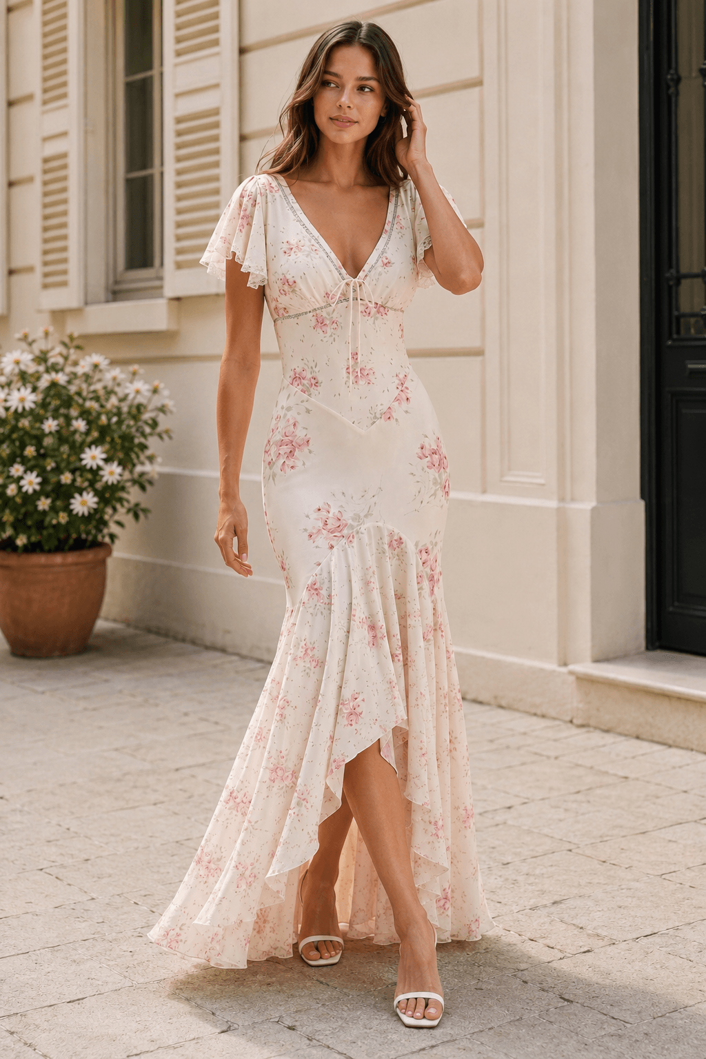Mermaid V Neck Lace Panel Slim Long Floral Dress Secondary image