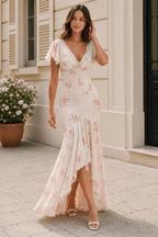 Mermaid V Neck Lace Panel Slim Long Floral Dress