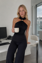 High Neck Metal Ring Sleeveless Off Shoulder Halter Top