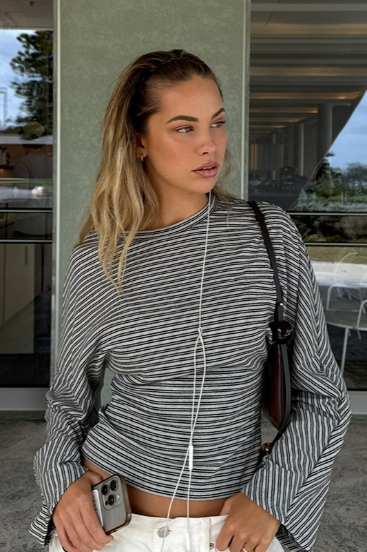 Striped Slim Waist Short Long Sleeve Crop Top Secondary image