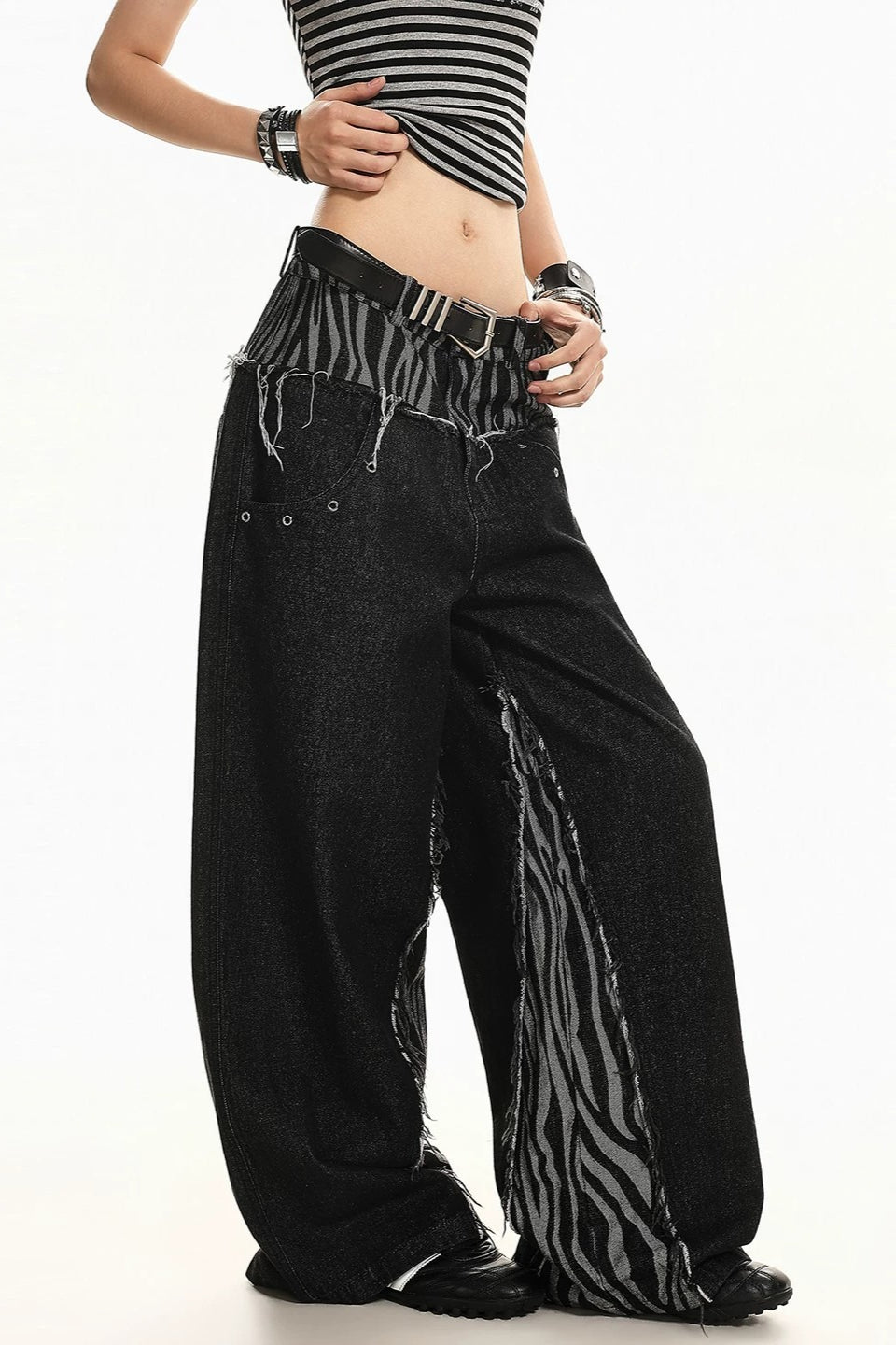 Zebra Panel Double Waist Wide Leg Jeans