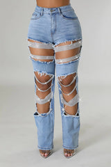 Large Ripped Chain Beaded Accent Straight Denim Jeans