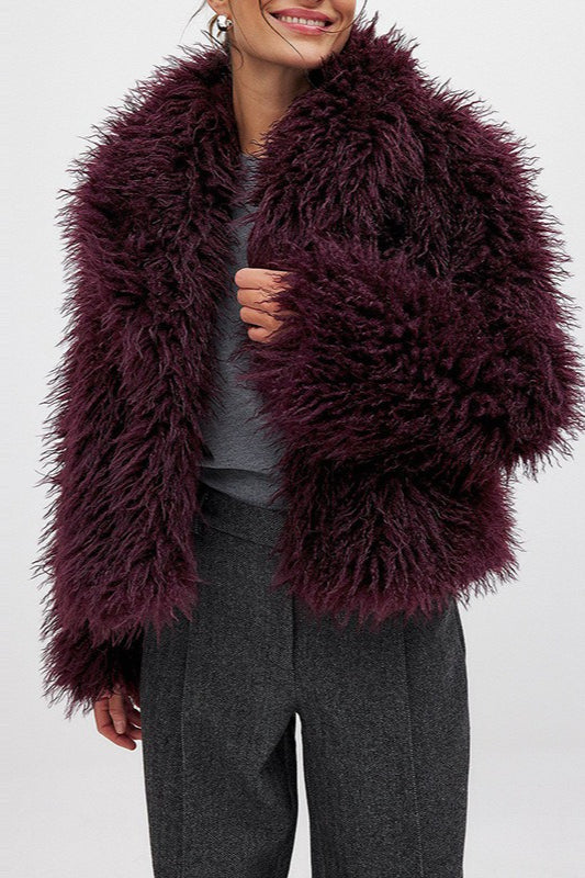 Versatile Wine Red Faux Fur Solid Coat Main image