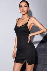Knit Lace Trim Side Slit Mini Dress