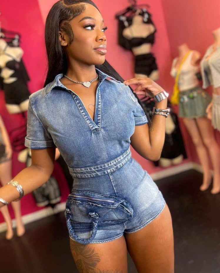 Pocket Denim V-neck Short Sleeve Romper Main image