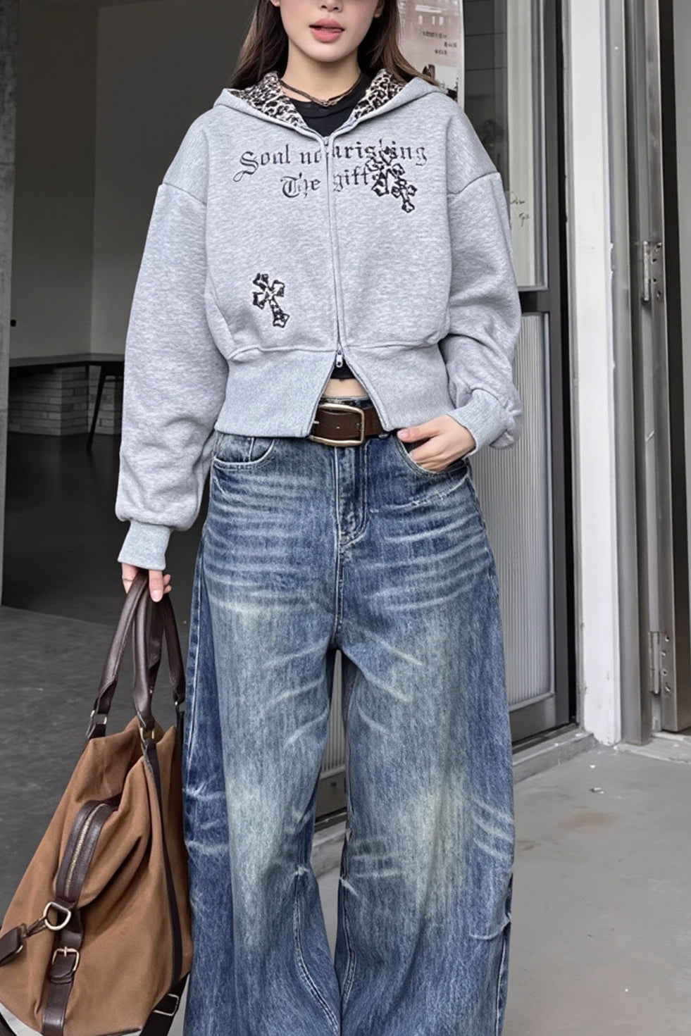 Gray Leopard Panel Embroidered Cropped Hoodie