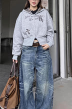 Gray Leopard Panel Embroidered Cropped Hoodie