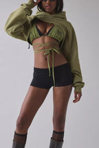Cutout Tie Ultra Cropped Pullover Hoodie