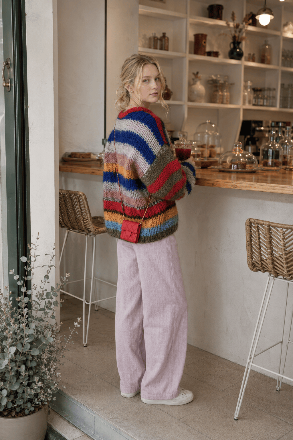 Fashion Contrasting O Neck Hollow Out Knitted Pullover Women Long Sleeve Loose Sweater Secondary image