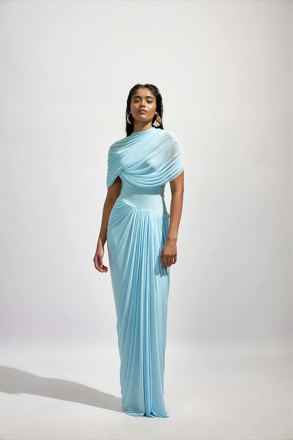 Draped Cape Shoulder Ruched Column Maxi Dress