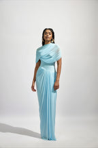 Draped Cape Shoulder Ruched Column Maxi Dress