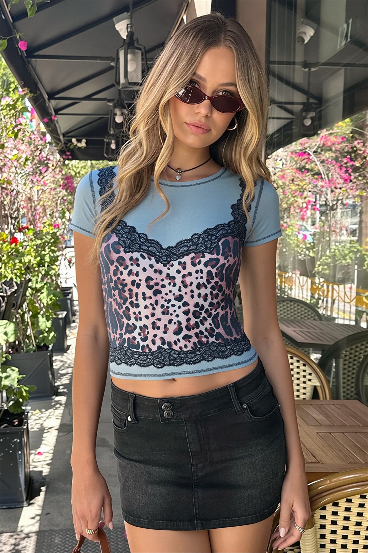Leopard Lace Panel Fitted Cropped T-Shirt Main image