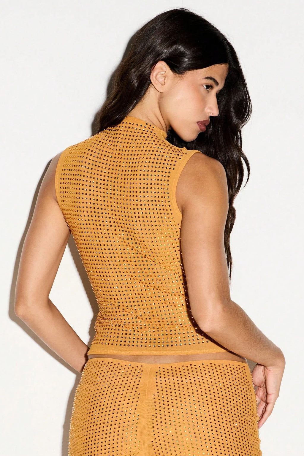 Rhinestone Mesh Mock Neck Cropped Tank Top