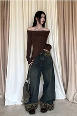 Retro Leopard Print Wide Leg Jeans