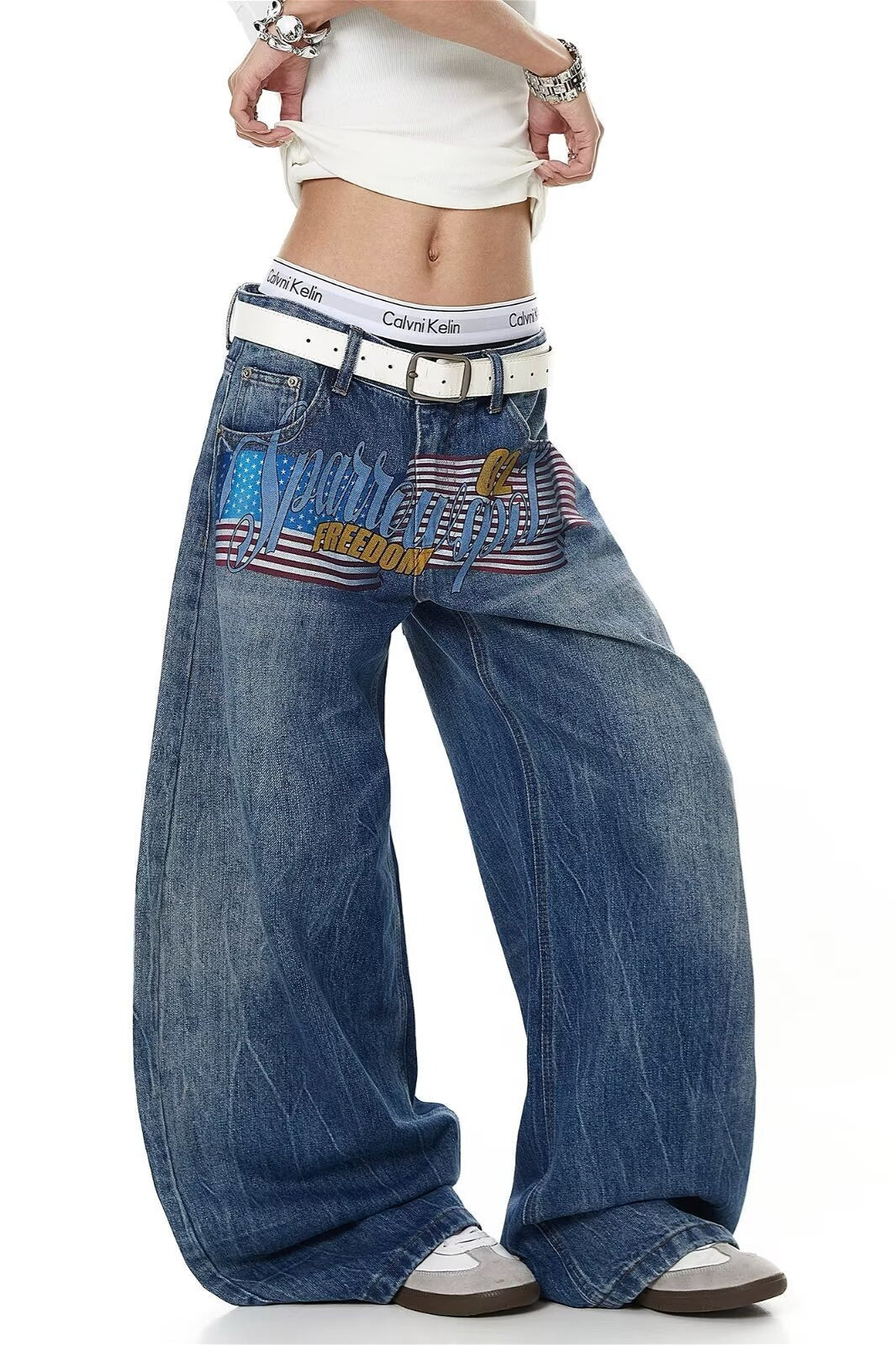Letter Graphic Button Front Wide Leg Jeans Main image