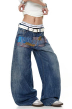 Letter Graphic Button Front Wide Leg Jeans