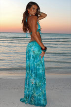 Beaded Halter Sheer Panel Maxi Dress
