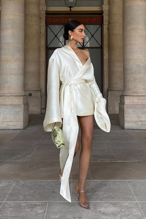 Loose Tie-Waist Long-Sleeve Satin Mini Silk Dress Secondary image