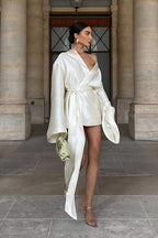 Loose Tie-Waist Long-Sleeve Satin Mini Silk Dress