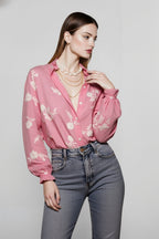 Printed Collared Lantern Sleeve Elegant Long Sleeve Blouse