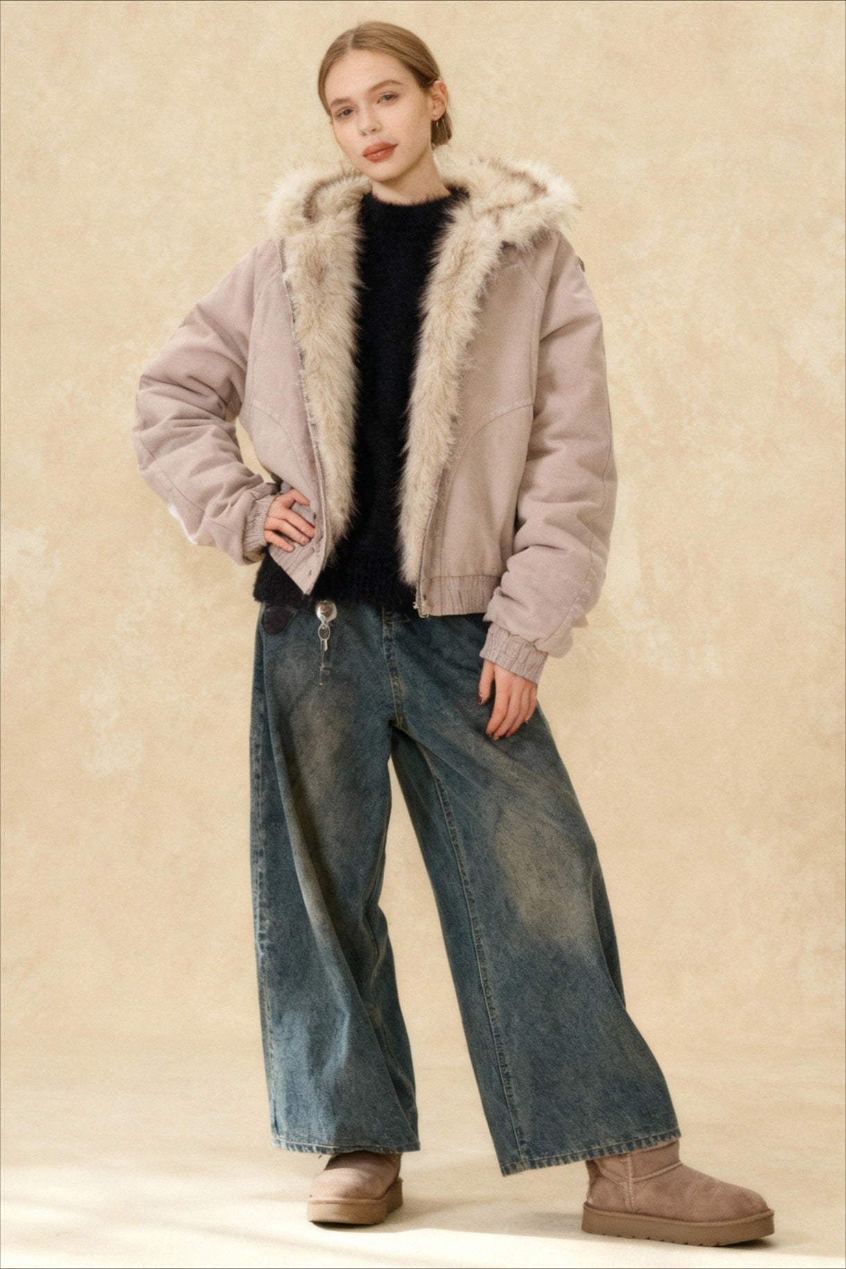 Fur-Trimmed Hooded Bomber Jacket Main image