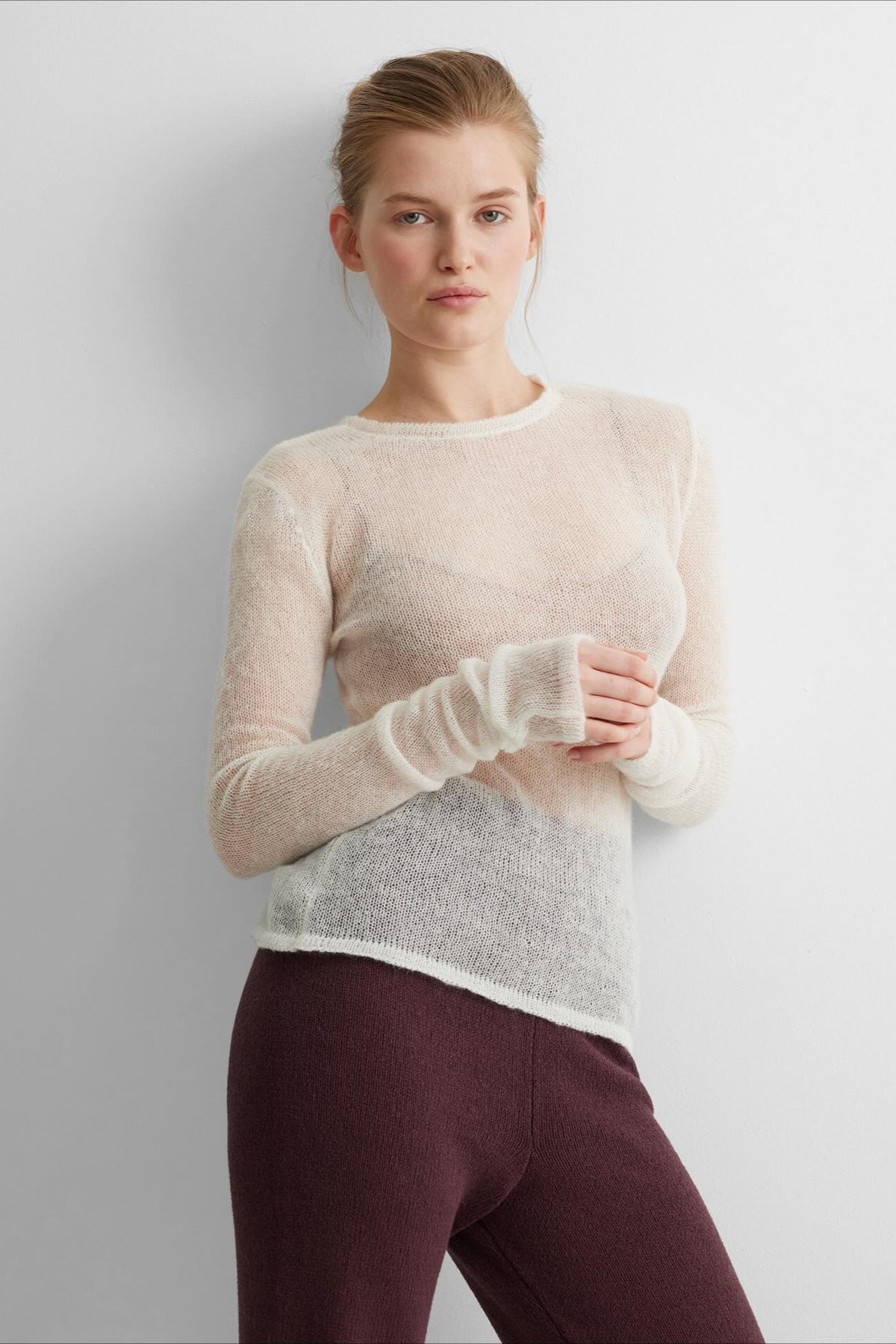Sheer Round Neck Long Sleeve Knit Top