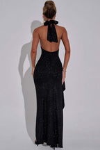 Glitter Halter Cutout High Slit Maxi Party Dress