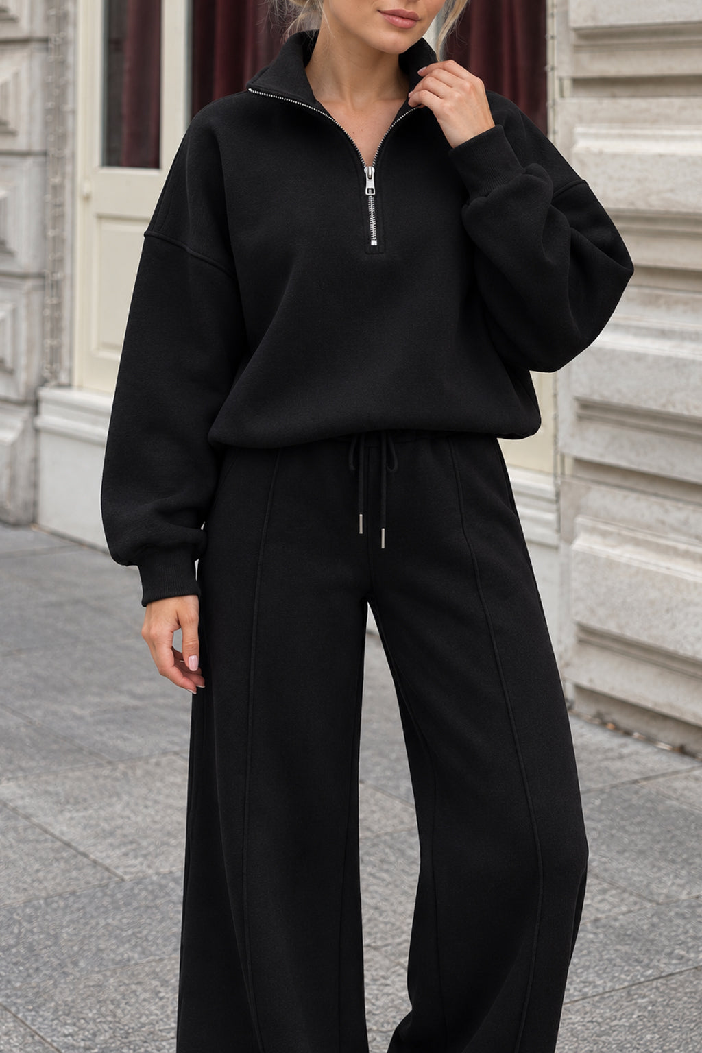 Half Zip Sweatshirt Wide Leg Pants Set