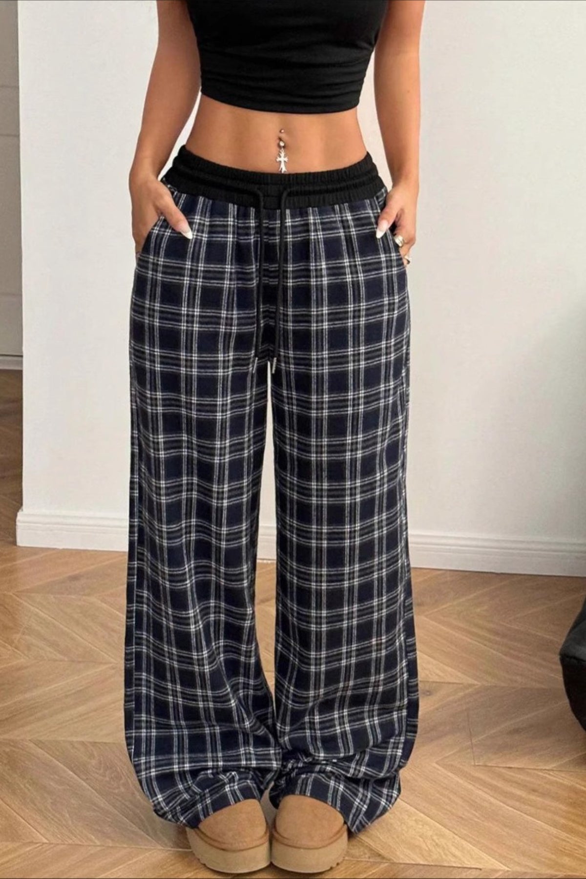 Plaid Elastic Waist Stretch Loose Casual Pants Main image