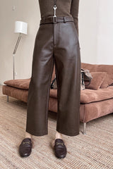Vintage Eco Leather Matte Textured Wide Leg Structured Pants
