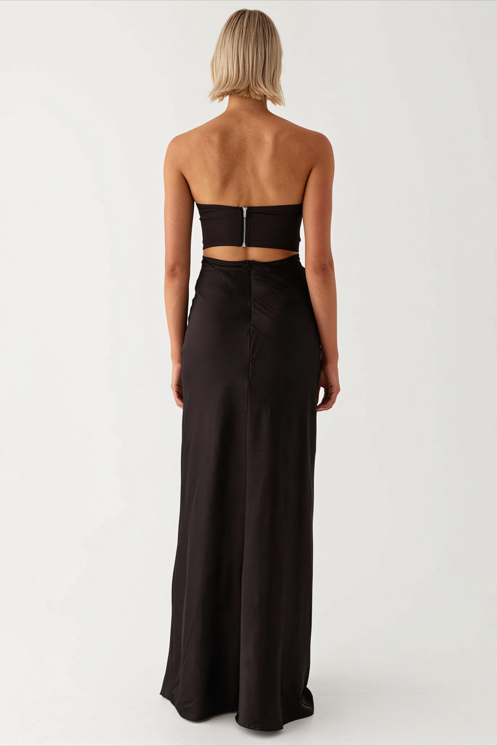 Strapless Twist Front Cutout Satin Party Dress
