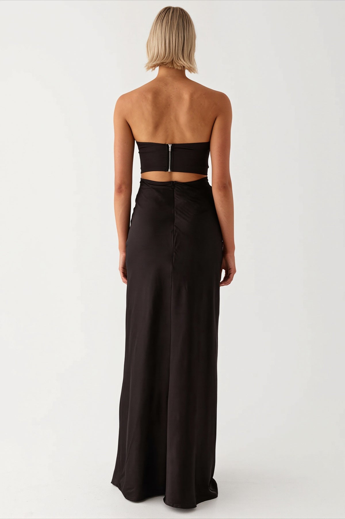 Strapless Twist Front Cutout Satin Party Dress