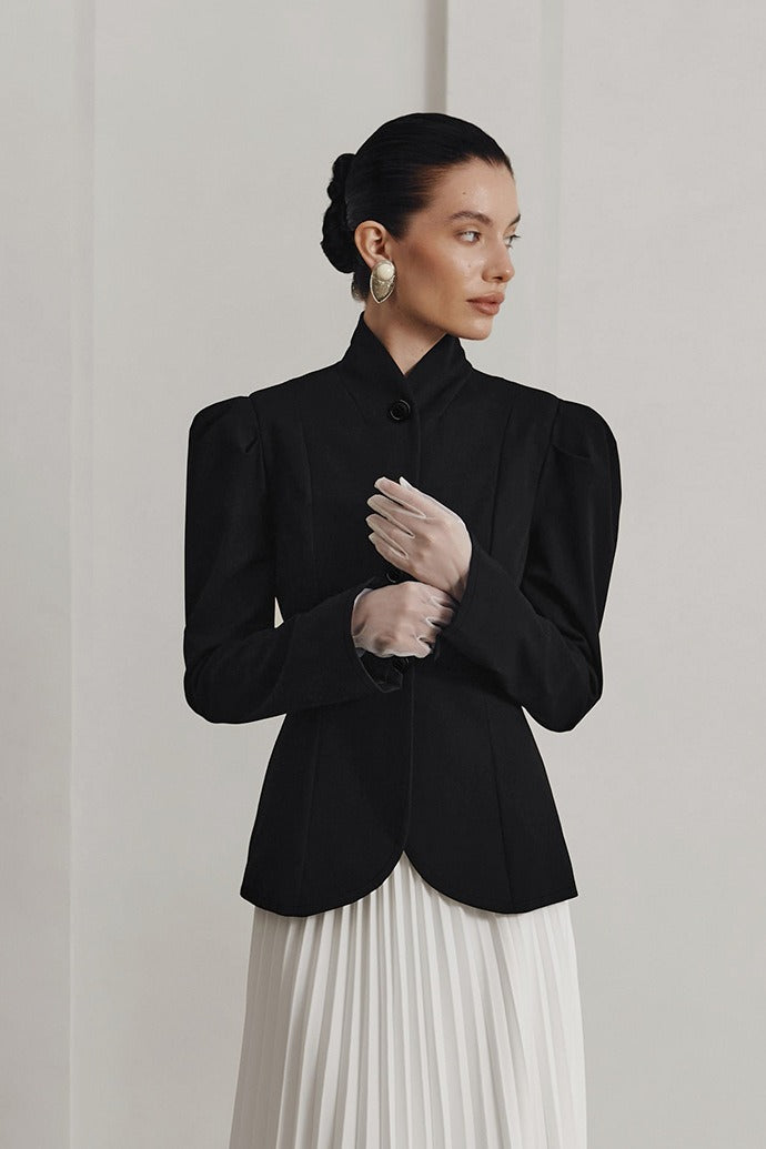 Black Mandarin Collar Puff Sleeve Blazer Main image