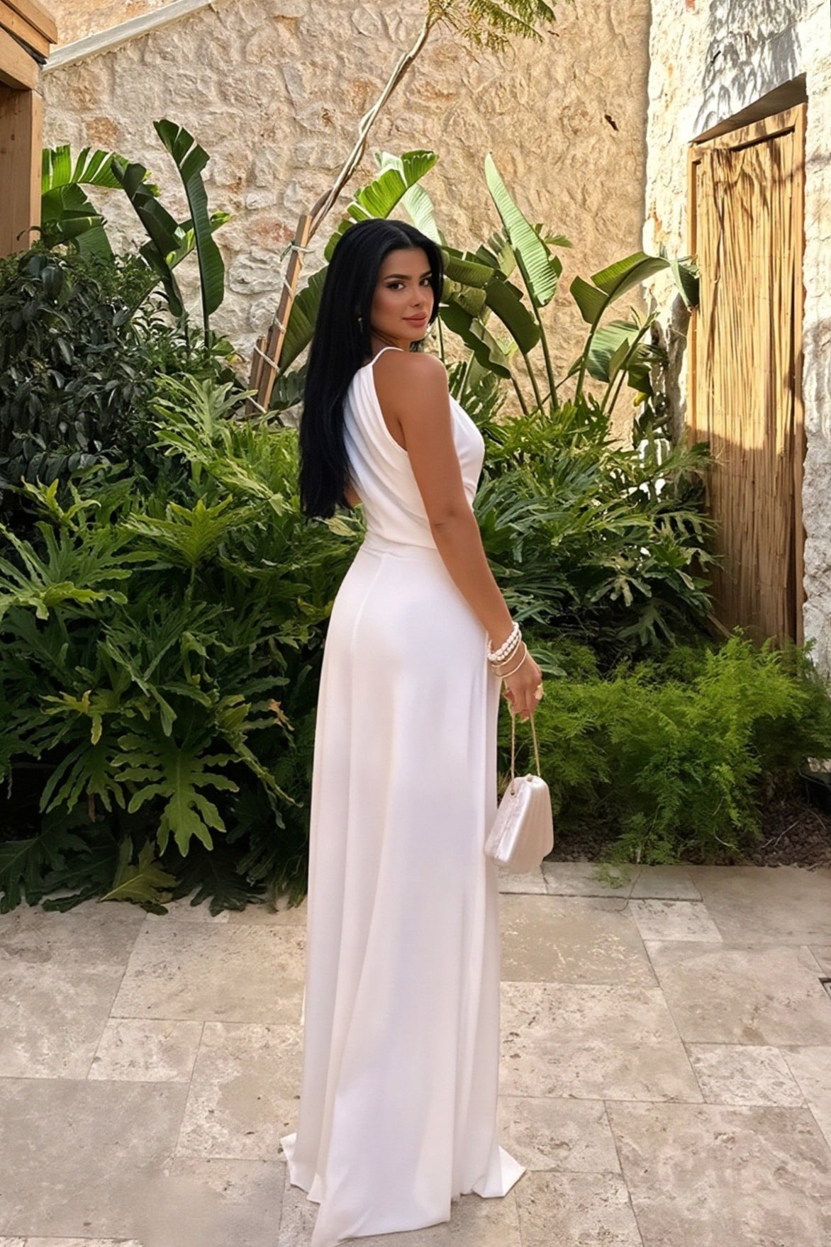High Neck Keyhole Ruched Maxi Dress