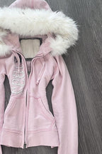 Pink Fur Trim Embroidered Zip-Up Hoodie