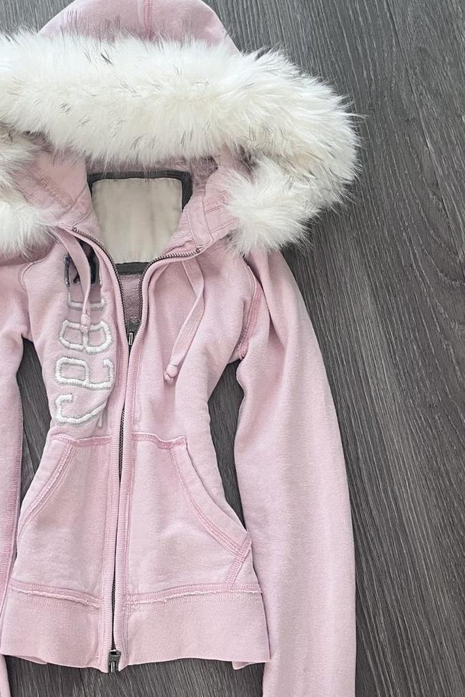 Pink Fur Trim Embroidered Zip-Up Hoodie