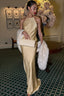 Crystal Chain Strappy Open Back Satin Maxi Dress