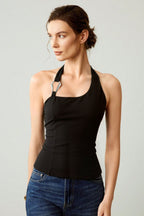 Metal Buckle Halter Fitted Crop Top