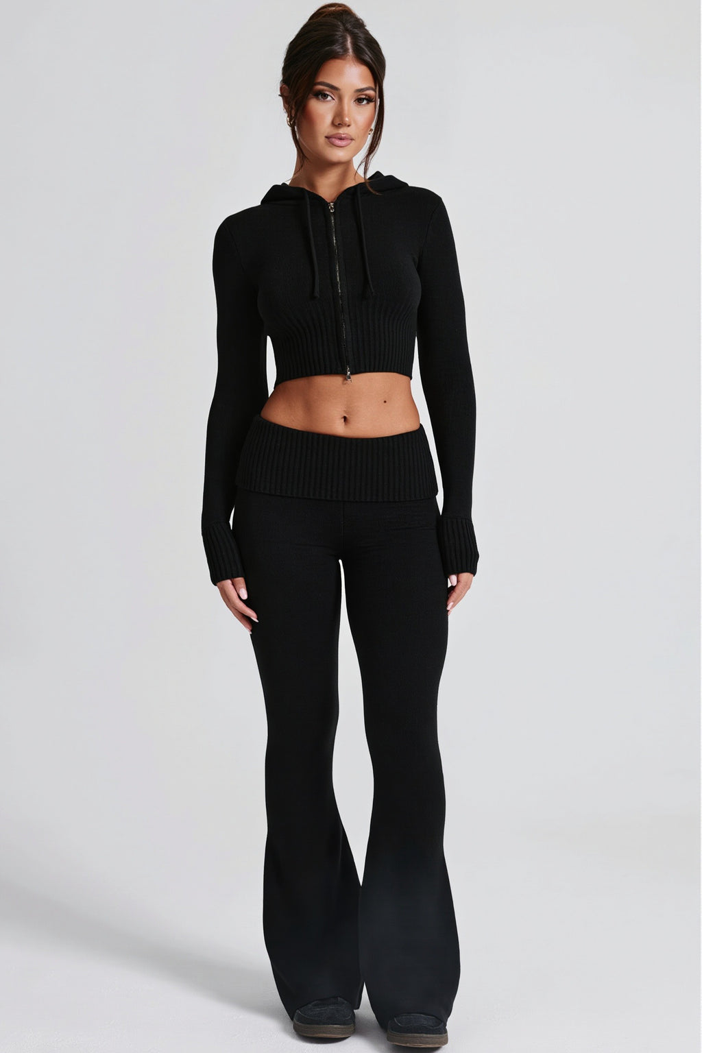 Cropped Zip Hoodie Flared Pants Two Piece Set