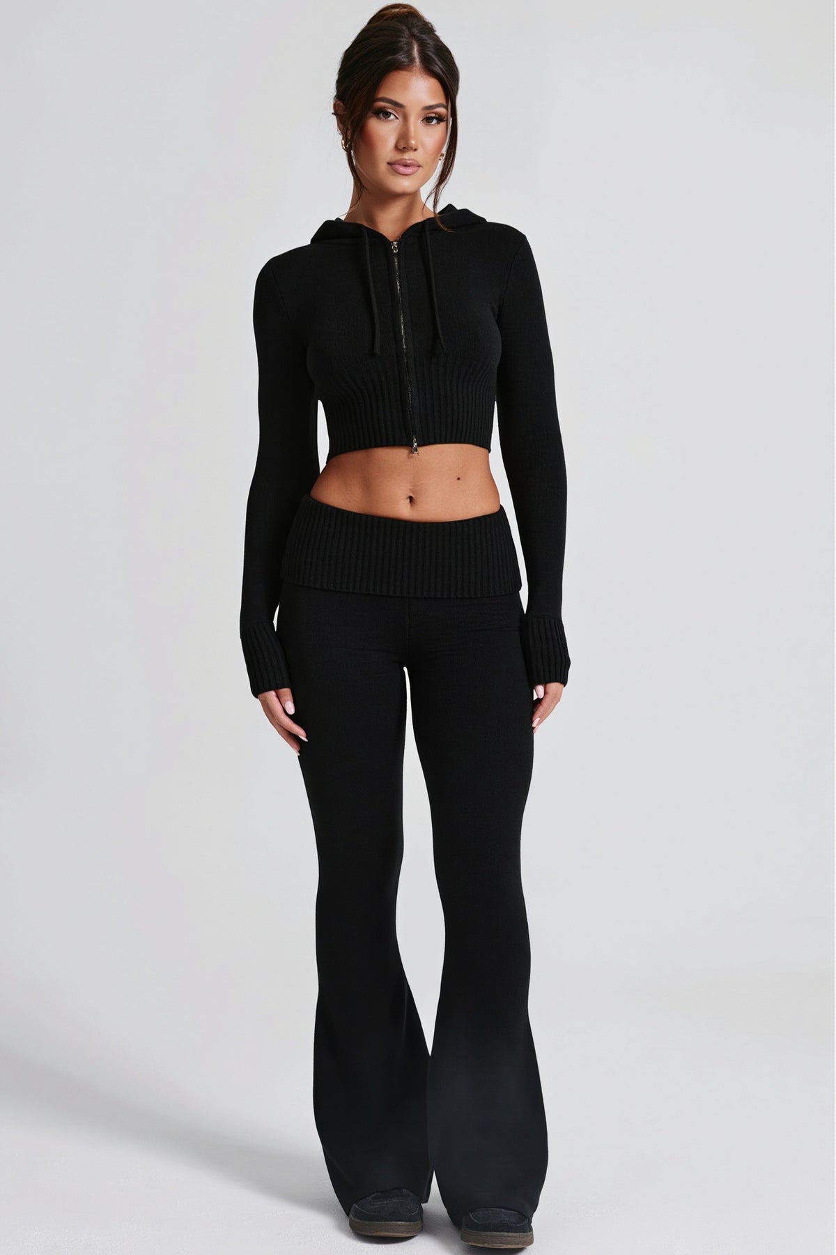 Cropped Zip Hoodie Flared Pants Two Piece Set