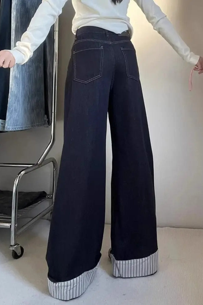 Denim Blue Striped Patchwork Wide Leg Jeans Secondary image