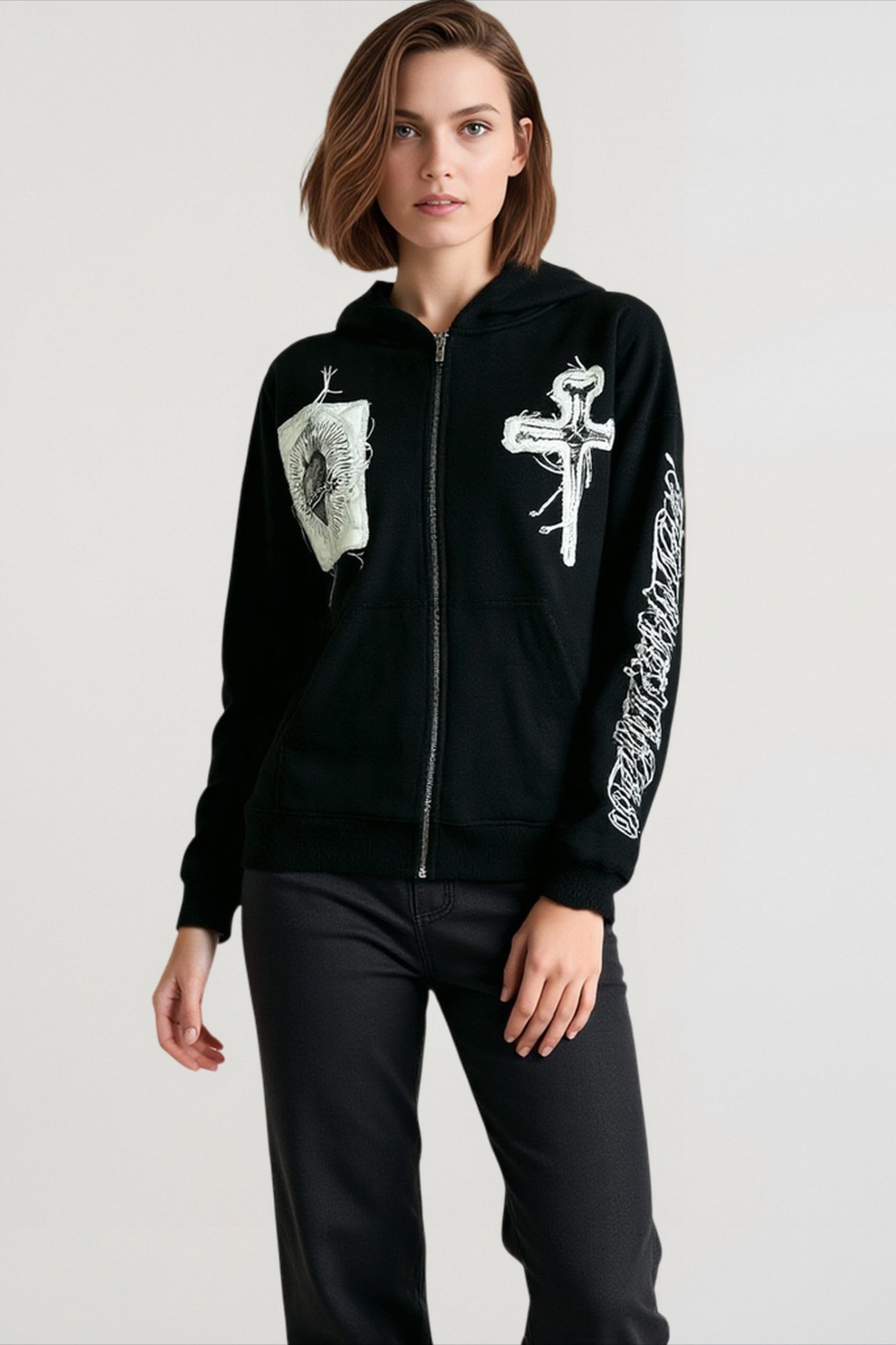 Embroidered Cross Zip Up Hoodie Secondary image