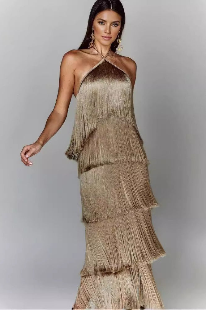 Chic Halter Fringe Backless Slit Cocktail Dress Main image