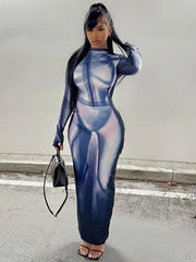 3D Print Stand Collar Maxi Party Dress