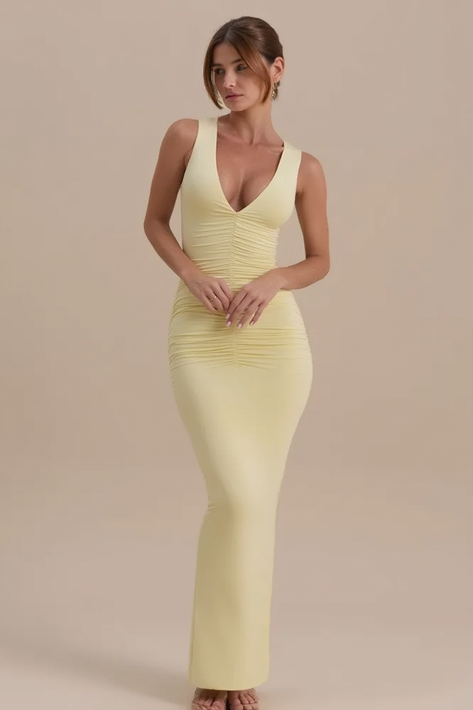 Sleeveless V Neck Ruched Back Slit Bodycon Party Dress Main image