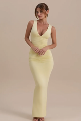 Sleeveless V Neck Ruched Back Slit Bodycon Party Dress