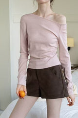 One Shoulder Asymmetric Ribbed Long Sleeve Top