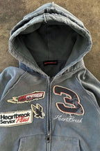 Double Hood Patchwork Graphic Zip Hoodie